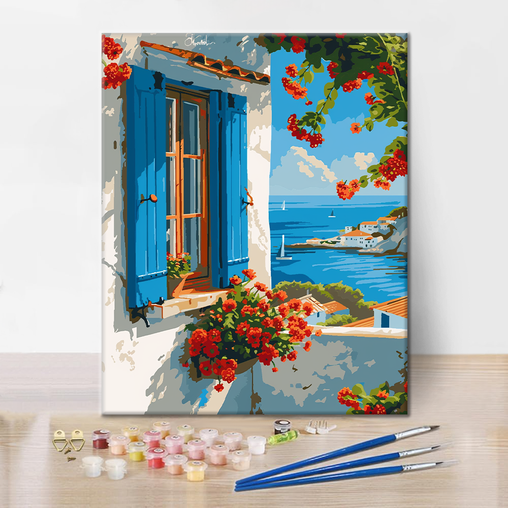 Ventana azul junto al mar - Pintar por números