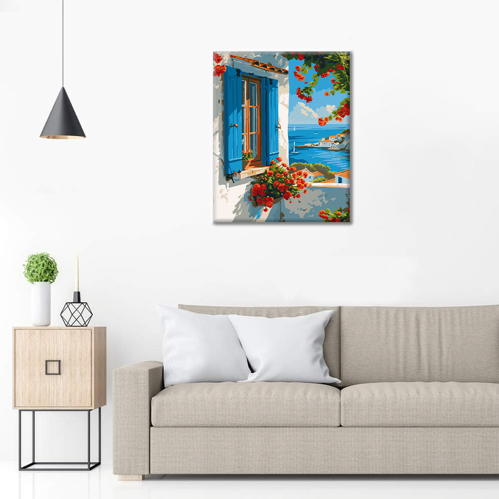 Ventana azul junto al mar - Pintar por números
