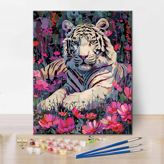 Tigre blanco y flores - Pintura por números
