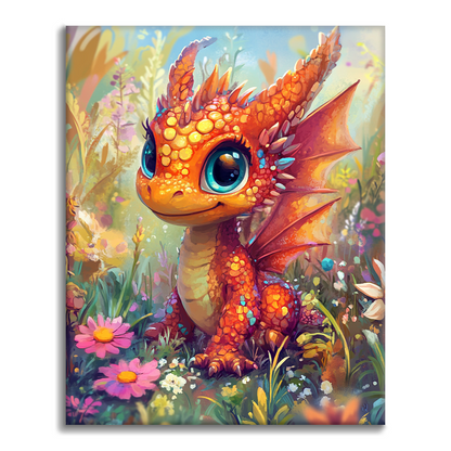 Cachorro De Dragón Naranja En Un País De Las Maravillas De Las Flores - Pintar por Números