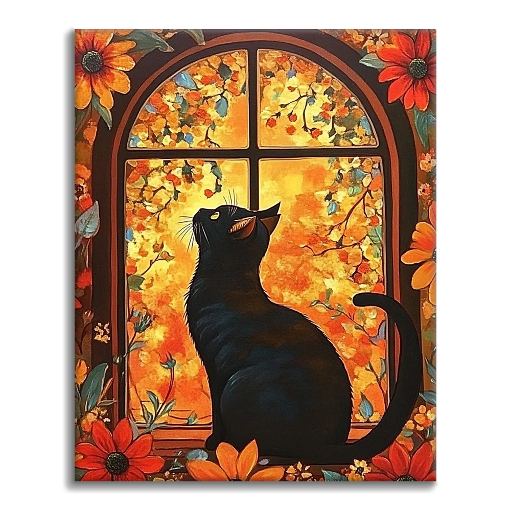 Gato Delante De Una Ventana Con Flores - Pintar por Números