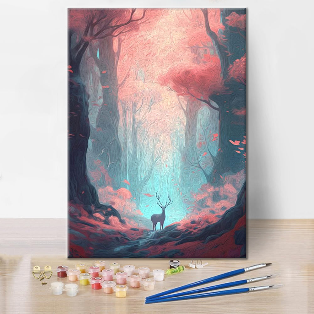 Un ciervo deambula por un bosque colorido - Pintar por Números