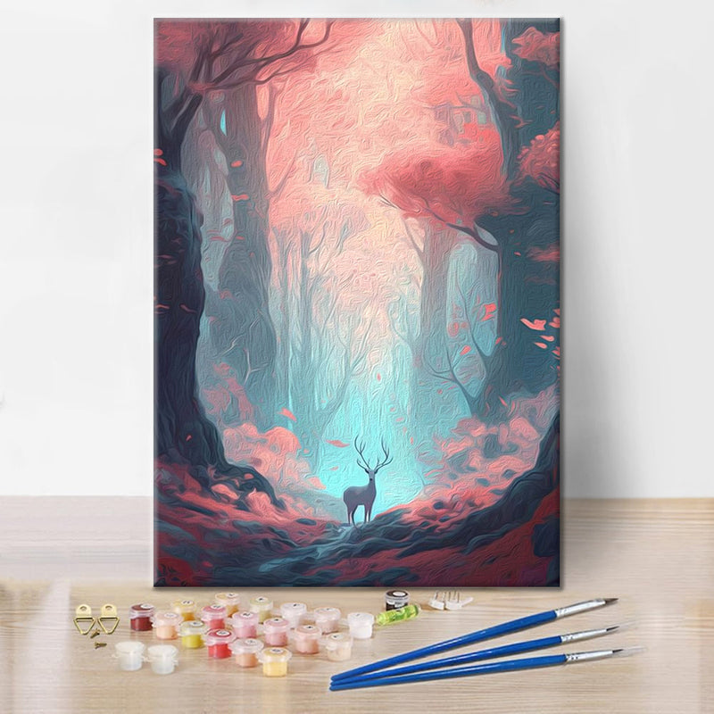 Un ciervo deambula por un bosque colorido - Pintar por Números