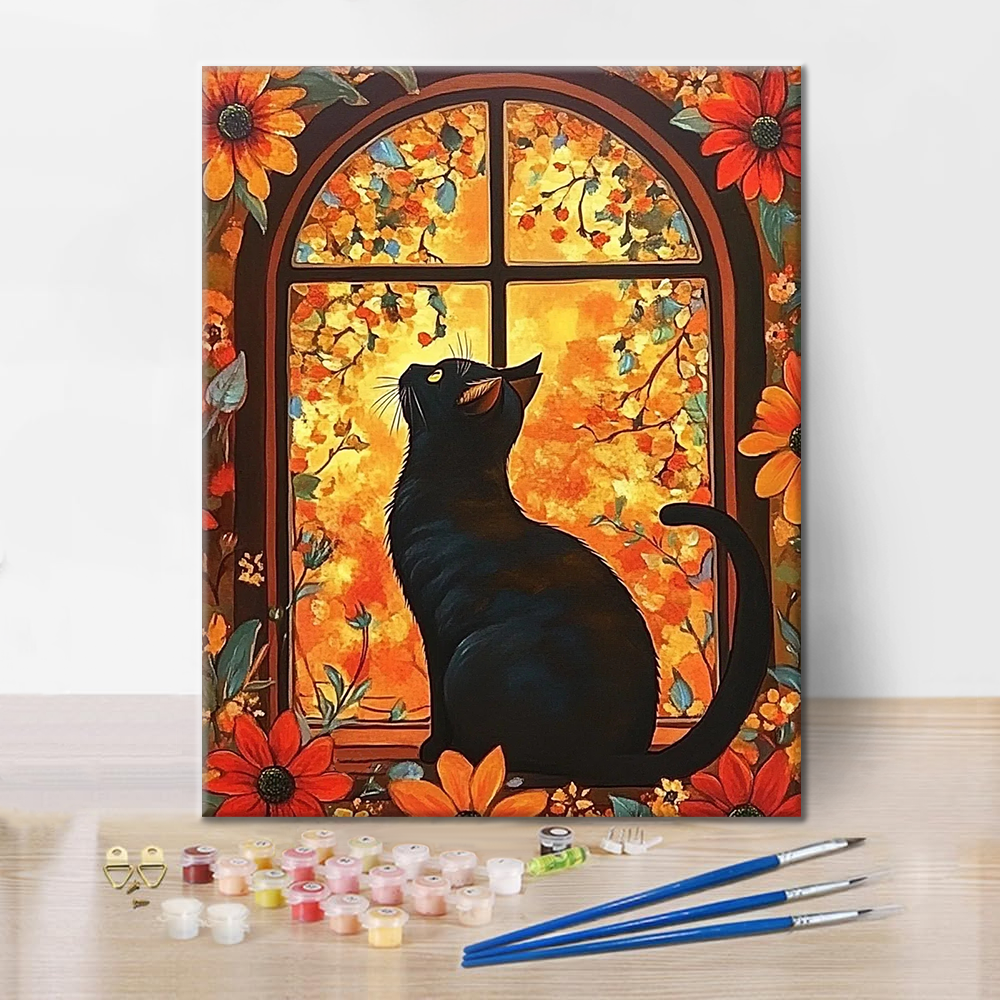 Gato Delante De Una Ventana Con Flores - Pintar por Números
