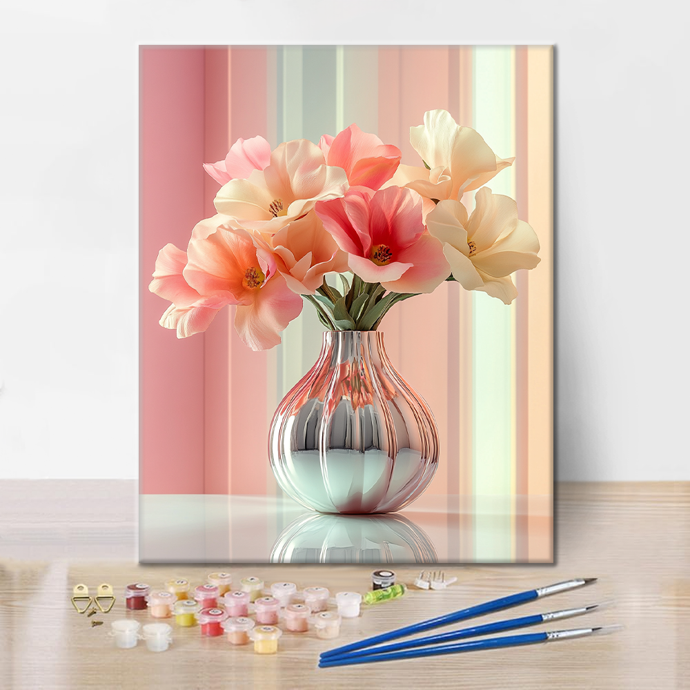 Elegante Jarrón Con Tulipanes Rosas Y Blancos - Pintar por Números