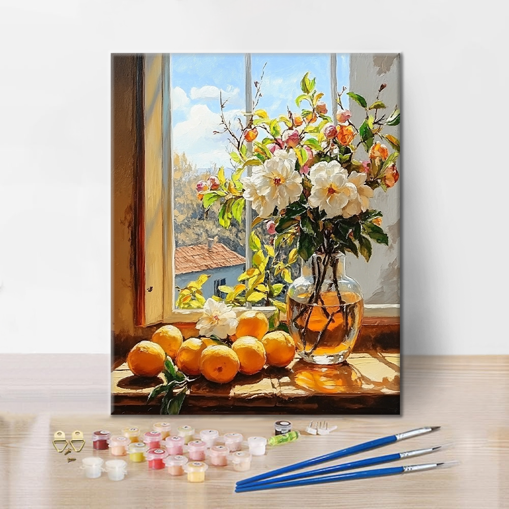 Frutas Y Flores Junto A La Ventana - Pintar por Números