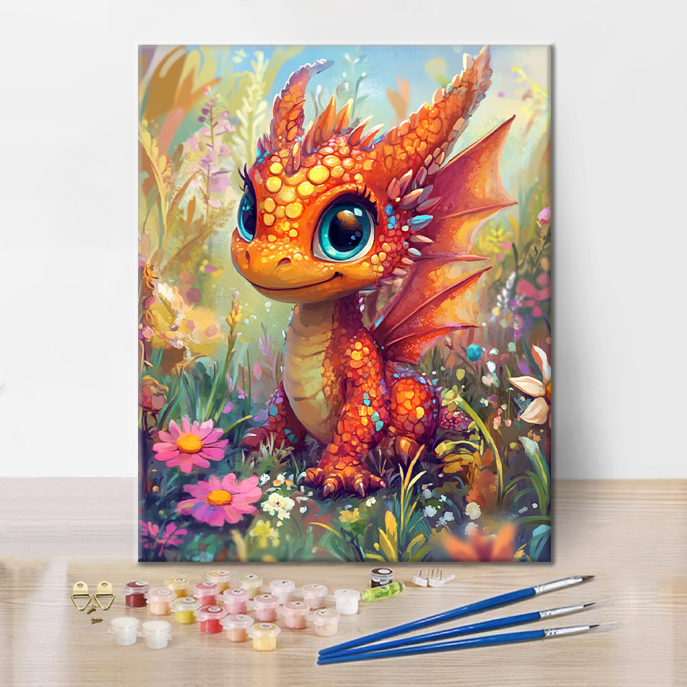 Cachorro De Dragón Naranja En Un País De Las Maravillas De Las Flores - Pintar por Números