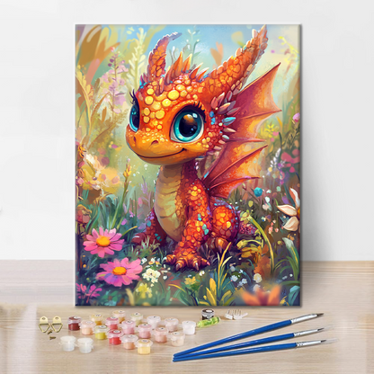 Cachorro De Dragón Naranja En Un País De Las Maravillas De Las Flores - Pintar por Números
