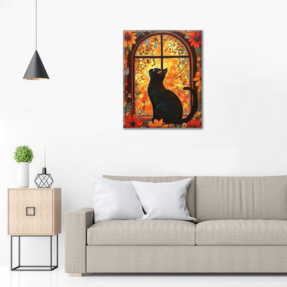 Gato Delante De Una Ventana Con Flores - Pintar por Números