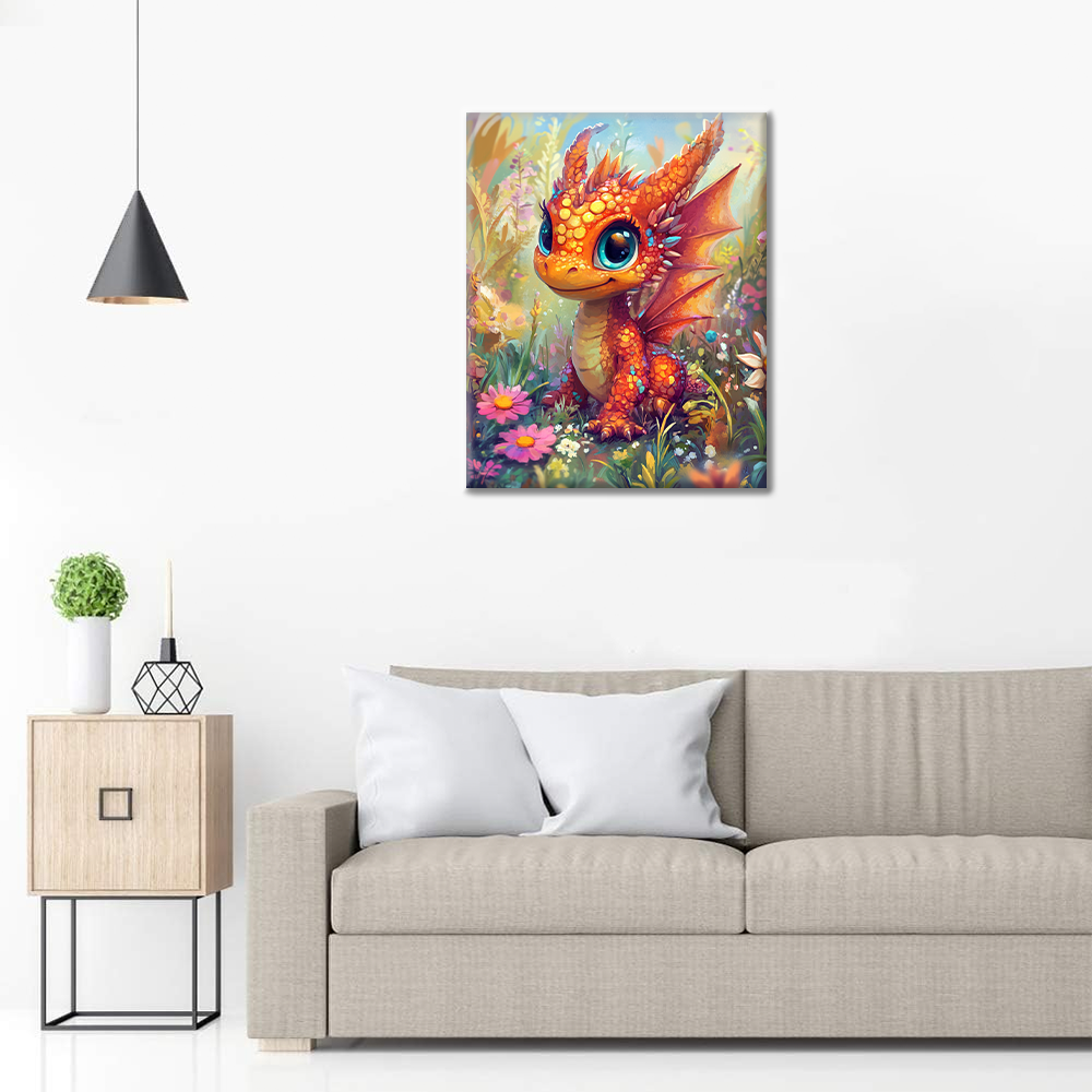 Cachorro De Dragón Naranja En Un País De Las Maravillas De Las Flores - Pintar por Números