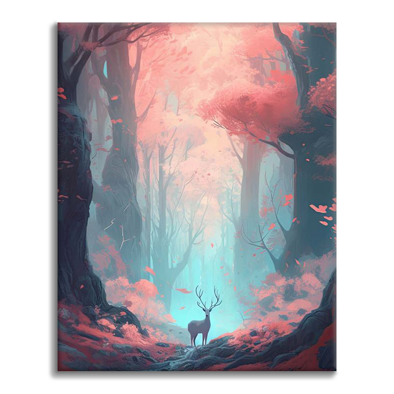Un ciervo deambula por un bosque colorido - Pintar por Números