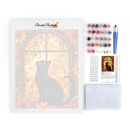 Gato Delante De Una Ventana Con Flores - Pintar por Números
