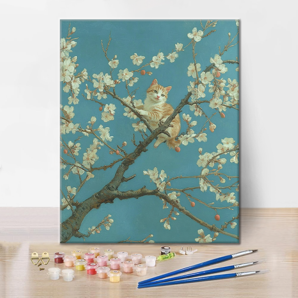 Árbol de Flor de Albaricoque y Gato - Pintar por Números