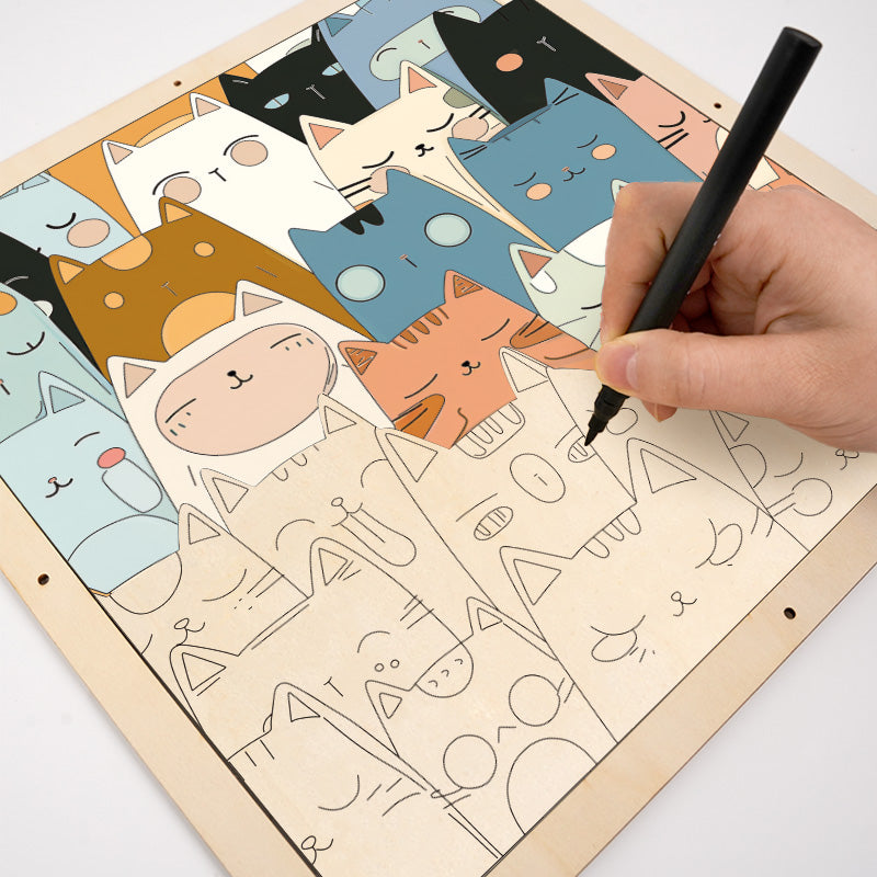 Gatitos de línea - Puzzle de madera para colorear
