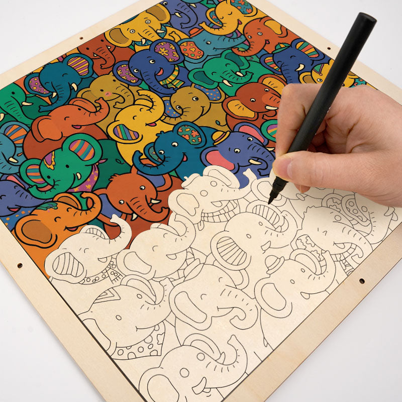 Fiesta de elefantes - Puzzle de madera para colorear
