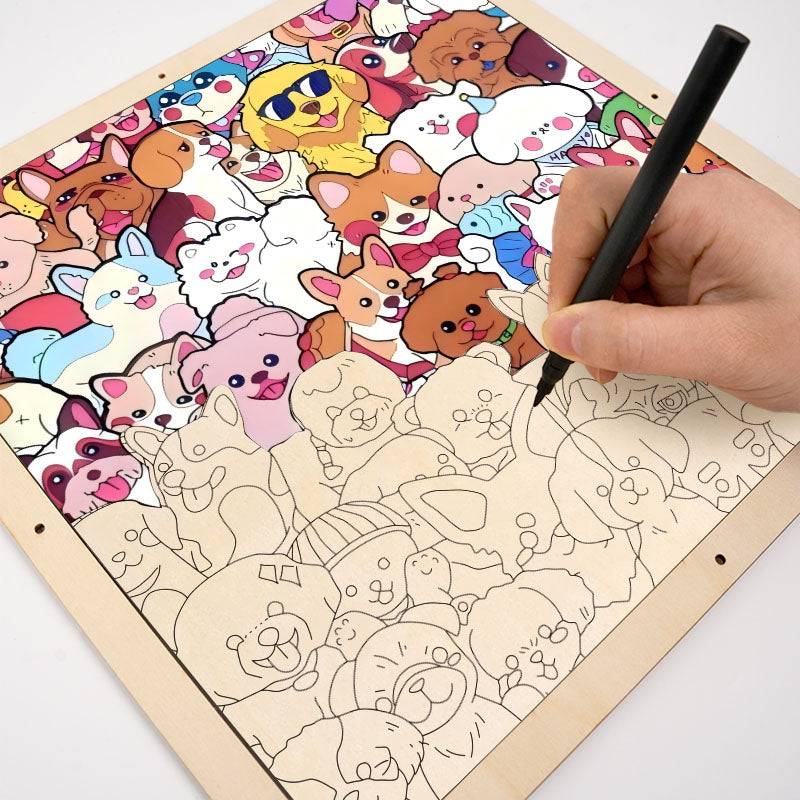 Fiesta de mascotas - Puzzle de madera para colorear