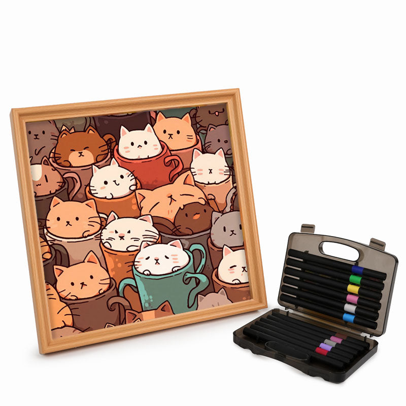 Gatos en tazas - Puzzle de madera para colorear