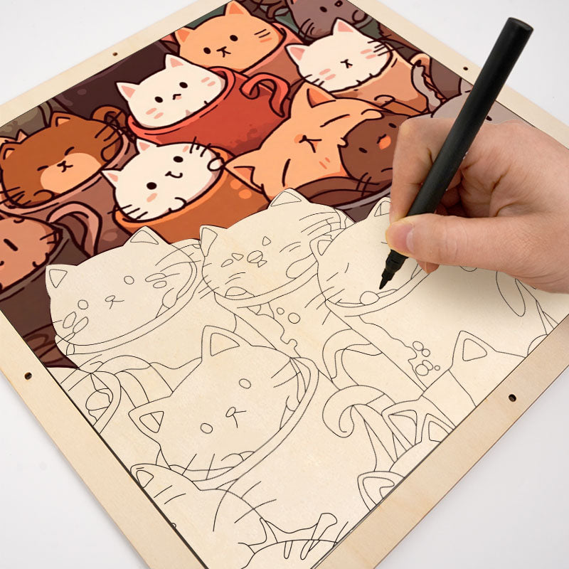 Gatos en tazas - Puzzle de madera para colorear