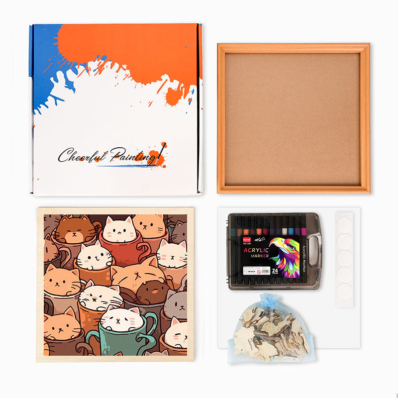 Gatos en tazas - Puzzle de madera para colorear