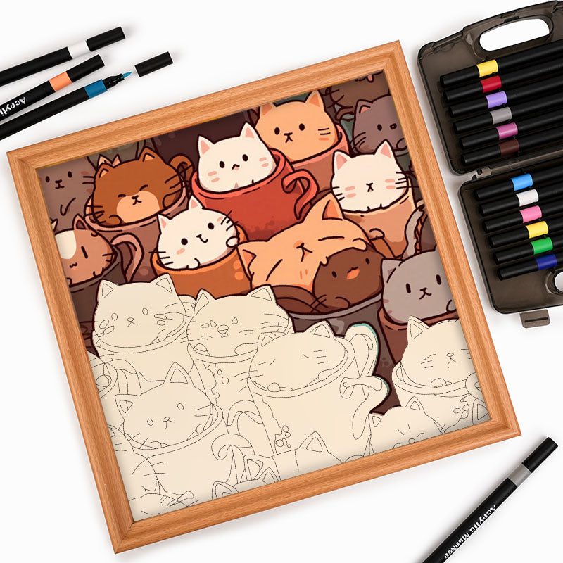 Gatos en tazas - Puzzle de madera para colorear