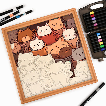 Gatos en tazas - Puzzle de madera para colorear