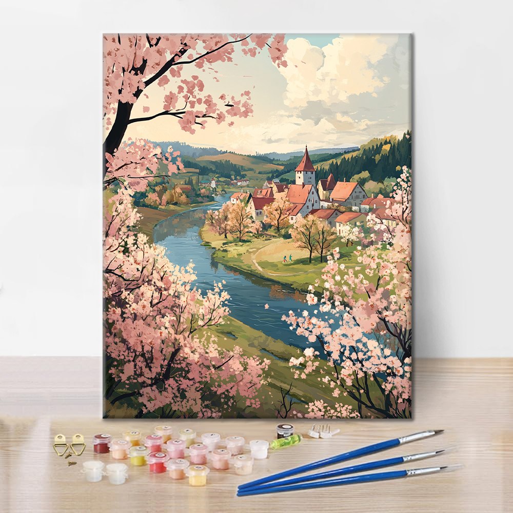 Pueblo Fluvial de Primavera - Pintar por Números