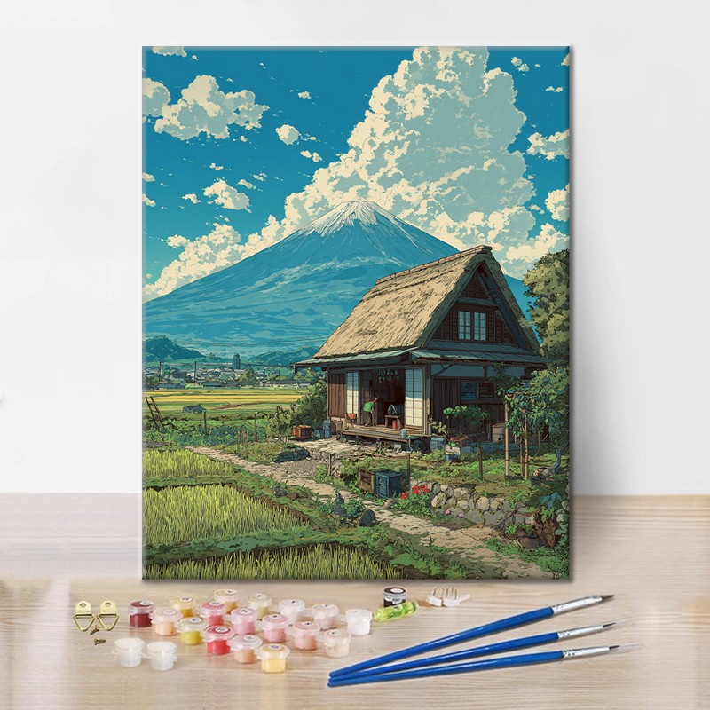 La cabaña bajo el monte Fuji - Pintar por números