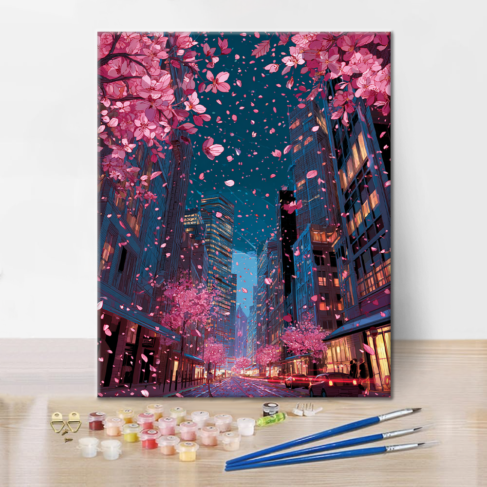 Cereza en flor en la ciudad - Pintar por números