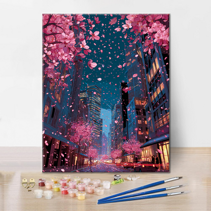 Cereza en flor en la ciudad - Pintar por números