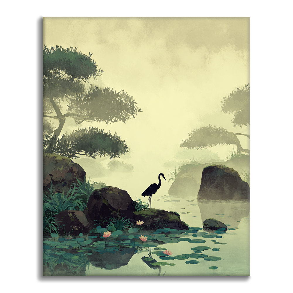 Grúa junto al estanque de lotos - Pintar por números