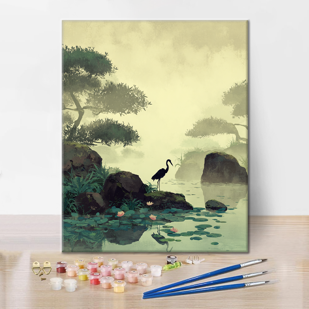 Grúa junto al estanque de lotos - Pintar por números