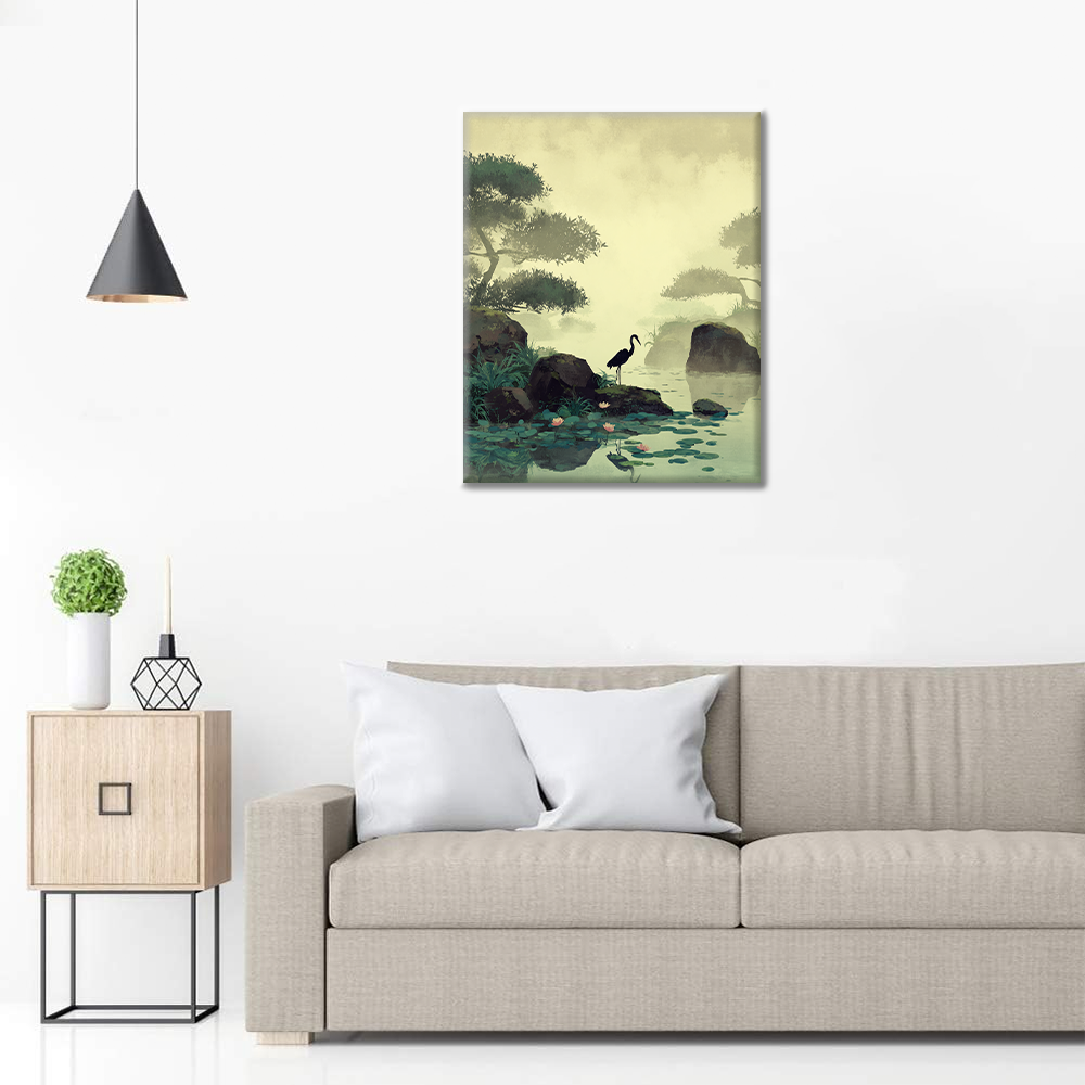 Grúa junto al estanque de lotos - Pintar por números