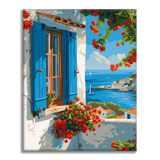 Ventana azul junto al mar - Pintar por números