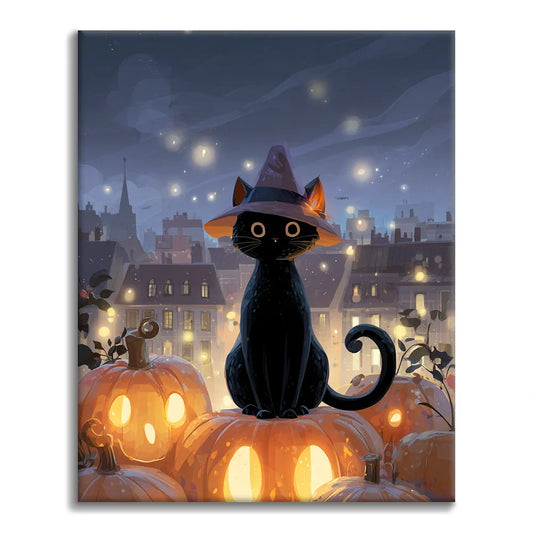 Gato mago sentado en una calabaza - Pintar por números