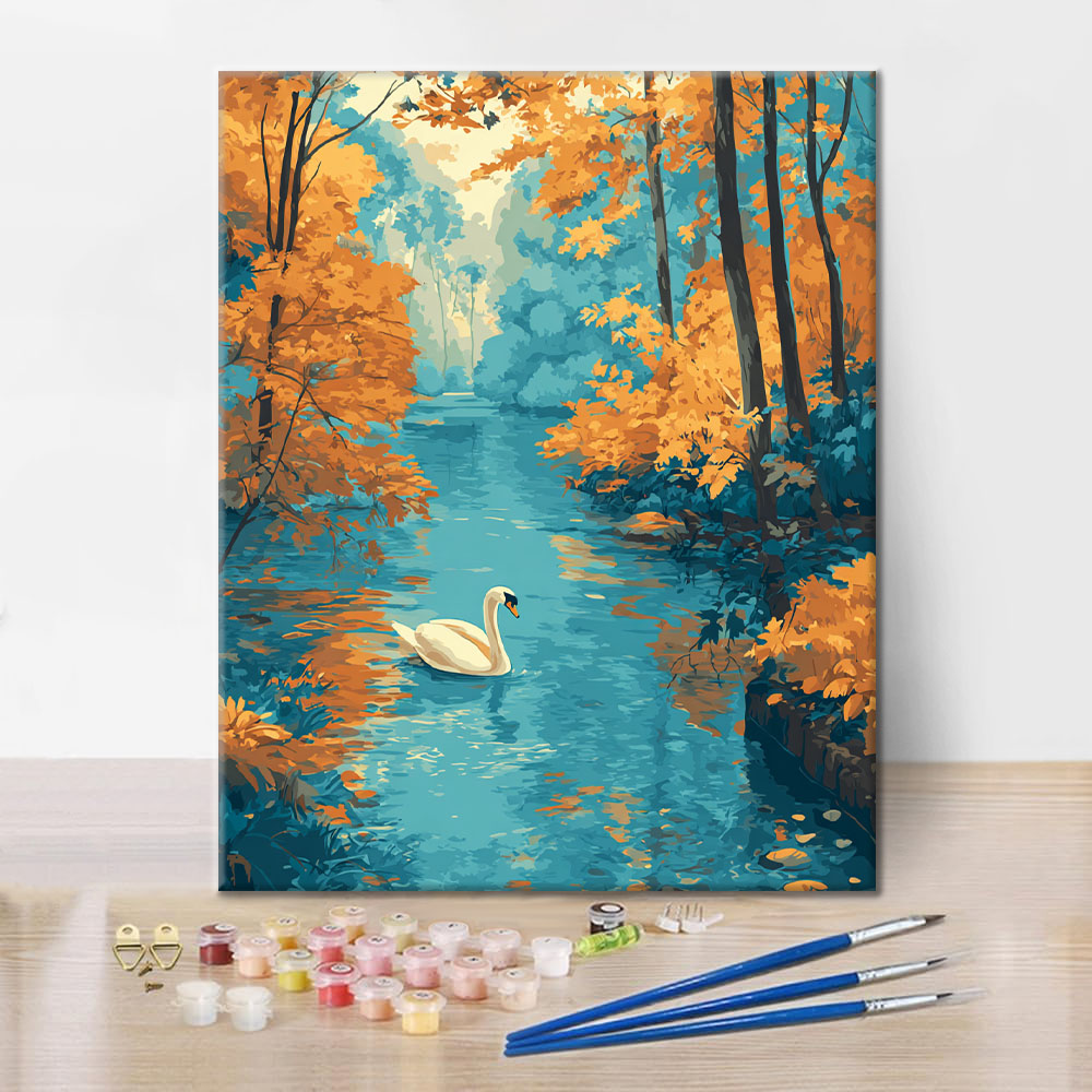 Cisne de otoño en el lago - Pintar por números