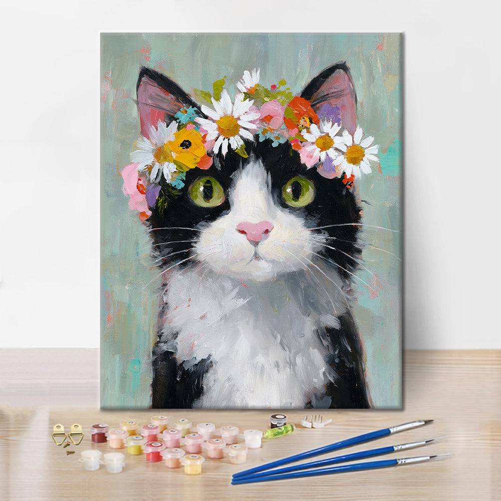 Un gato con una corona de flores - Pintar por números