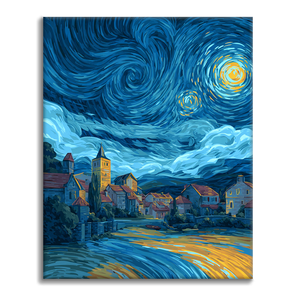 Pueblo de la noche estrellada - Pintar por números