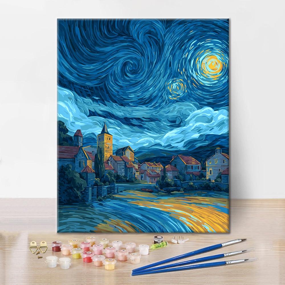 Pueblo de la noche estrellada - Pintar por números