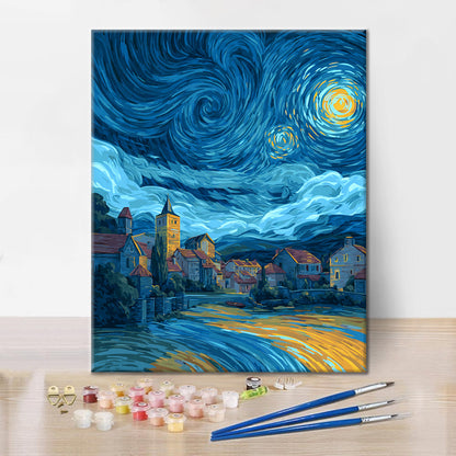 Pueblo de la noche estrellada - Pintar por números