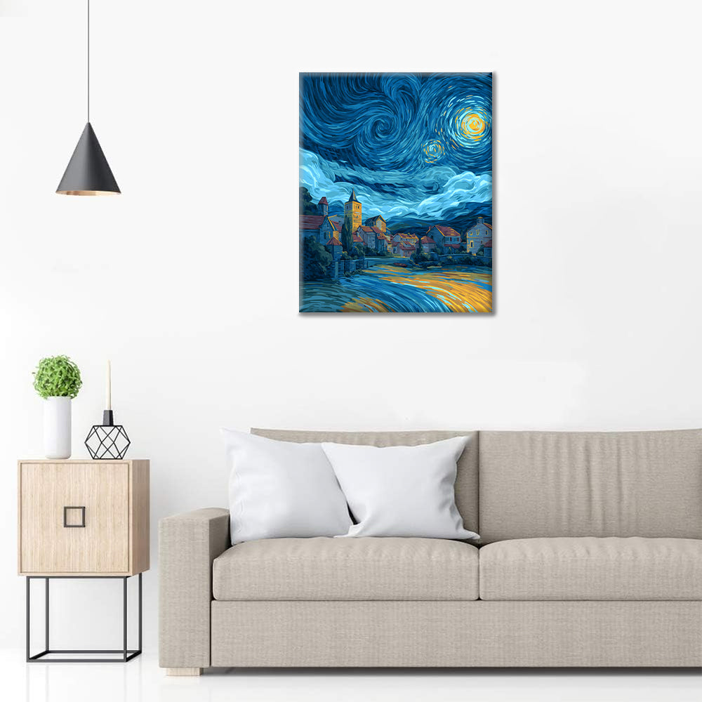Pueblo de la noche estrellada - Pintar por números