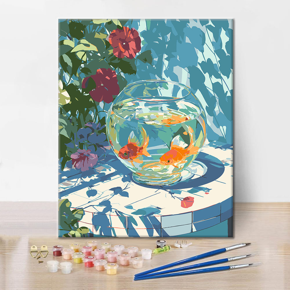 Pecera y flores - Pintura por números