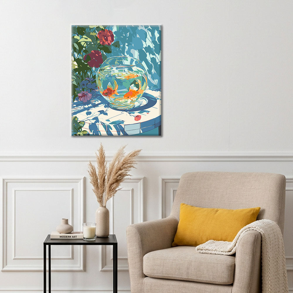 Pecera y flores - Pintura por números