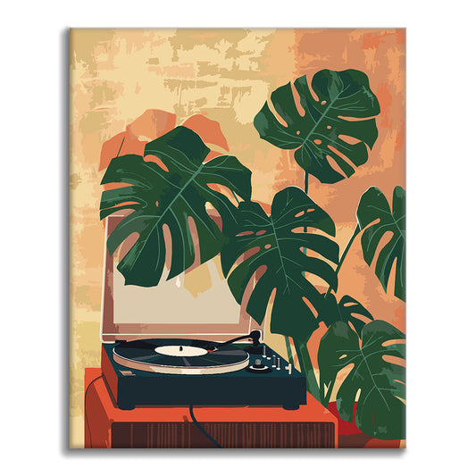 Gramófono y plantas verdes - Pintura por números