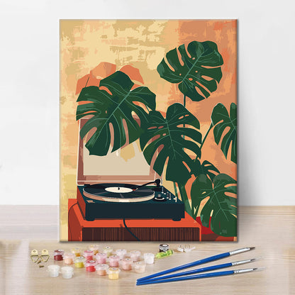 Gramófono y plantas verdes - Pintura por números