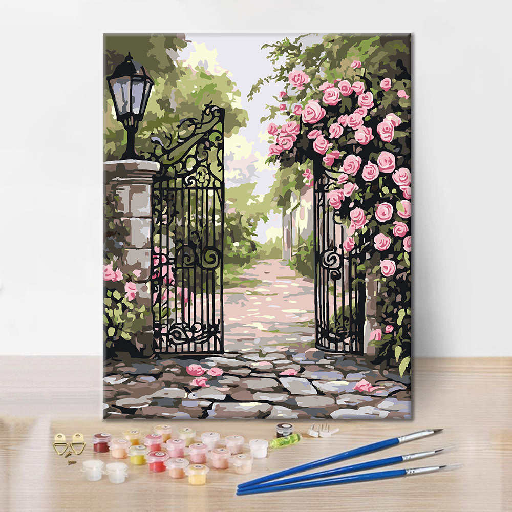 Rosas en la verja de hierro - Pintura por números