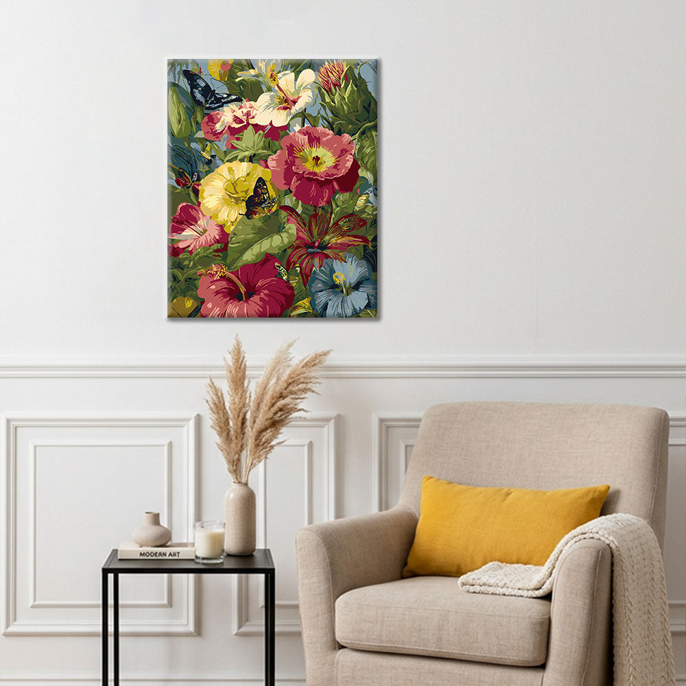 Flores tropicales y mariposas - Pintura por números