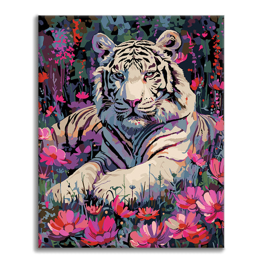 Tigre blanco y flores - Pintura por números