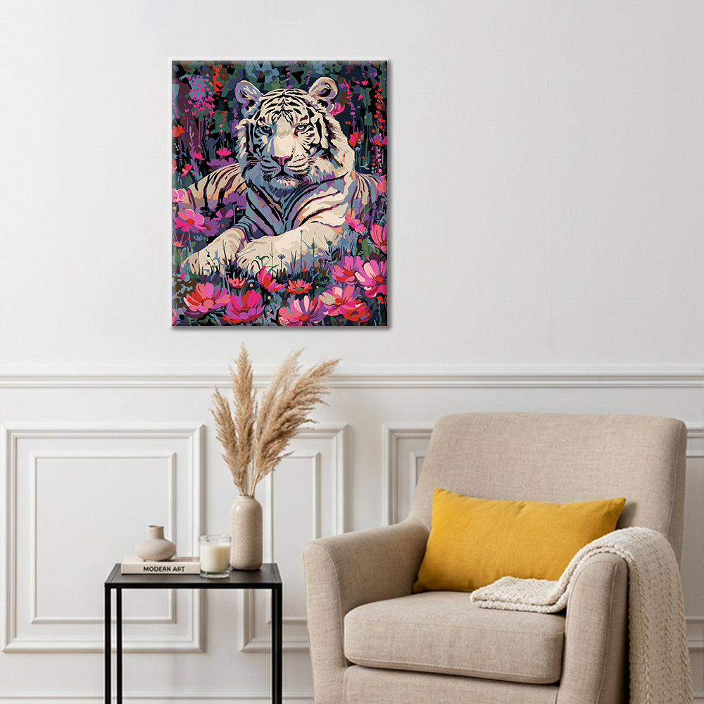 Tigre blanco y flores - Pintura por números