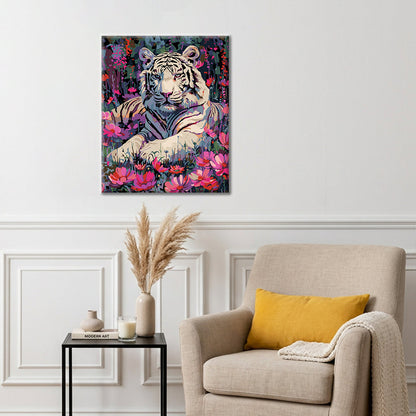 Tigre blanco y flores - Pintura por números