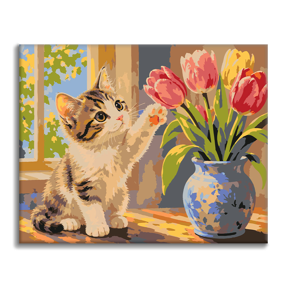 Gatito y tulipanes – Pintura por números